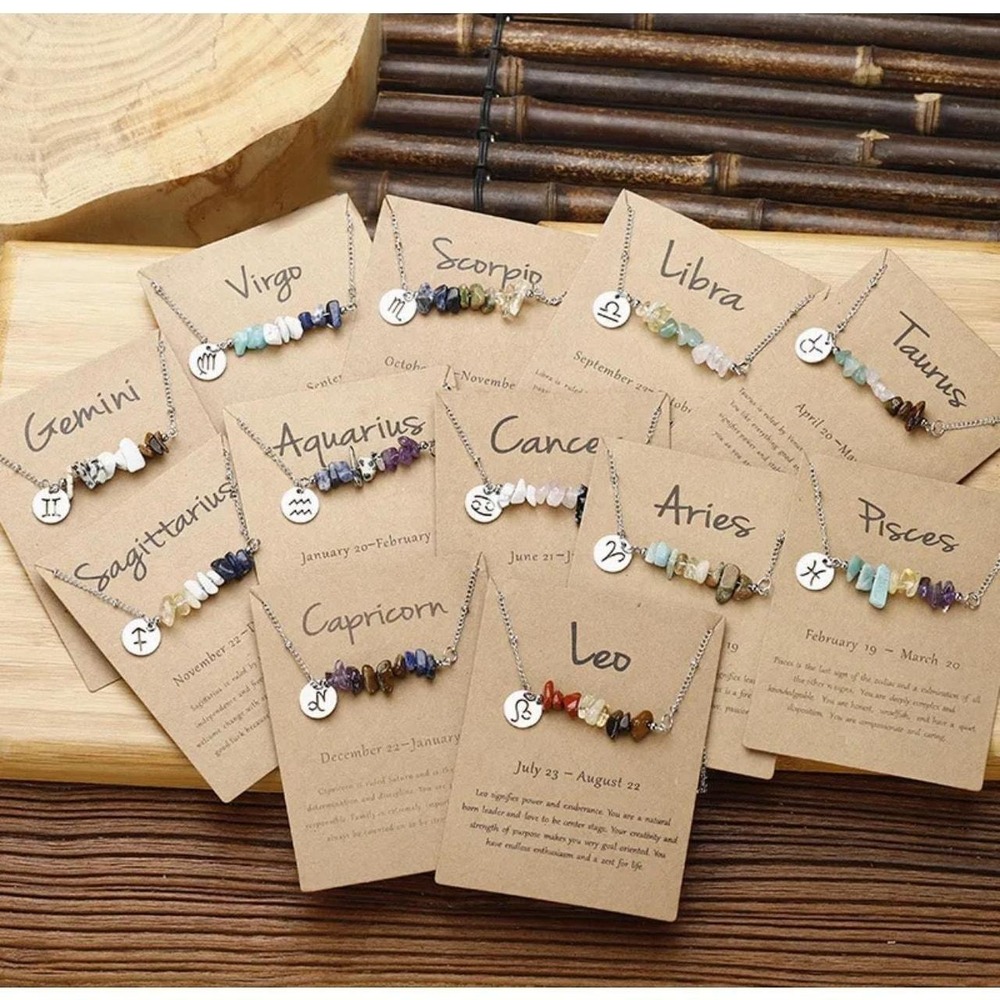 Zodiac Constellation Gemstone Necklace Stainless Steel Horoscope Personal Gift